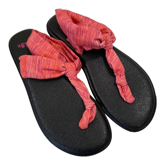 Sanuk Women SZ 7 Orange Stripes T-Strap Fabric Sandal Shoes Comfy Padded Insole - Picture 4 of 10